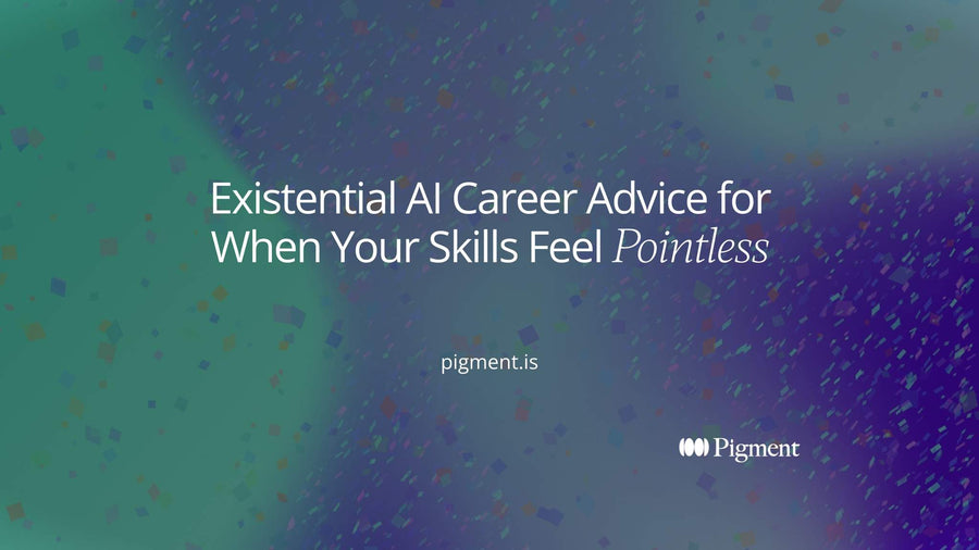 Abstract cover for existential AI career advice: three soft shapes for income, identity and meaning settling around one steady dark point