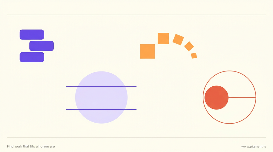 Abstract geometric composition of four separate grouped forms on a warm cream background, representing the four meanings of an external auditor skills assessment.