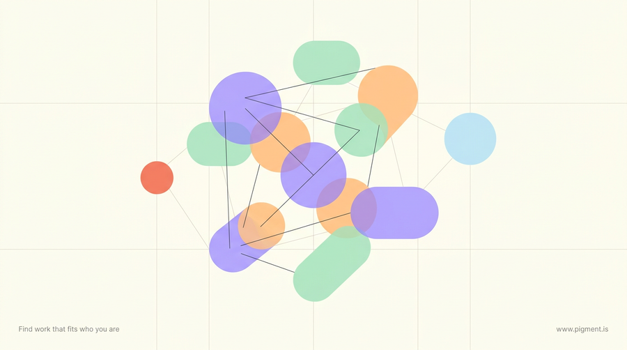 Abstract geometric constellation of soft lavender, peach, and mint rounded shapes linked by thin charcoal lines on a warm cream background, suggesting the many facets of how a person works.