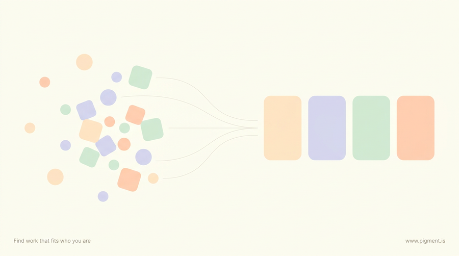 Abstract geometric composition of small peach, lavender and mint shapes drifting on a warm cream background and settling into a neat row of four, evoking a fast four-letter personality read.
