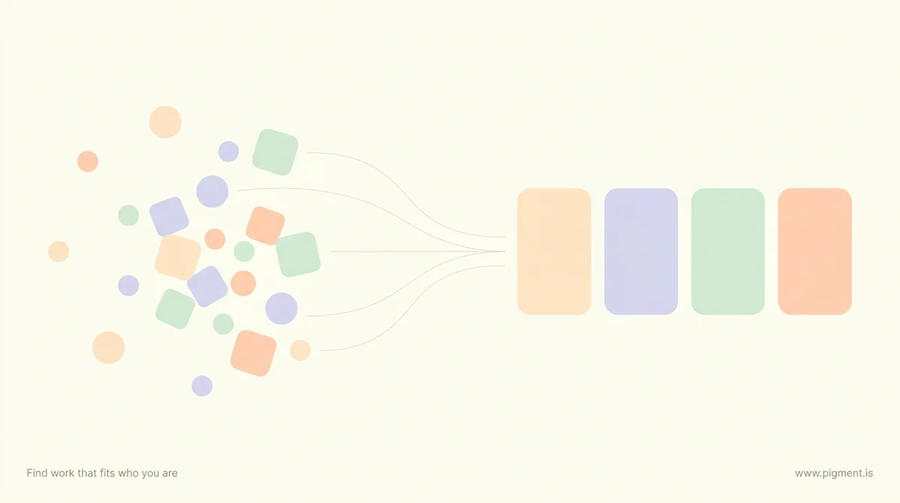 Abstract geometric composition of small peach, lavender and mint shapes drifting on a warm cream background and settling into a neat row of four, evoking a fast four-letter personality read.