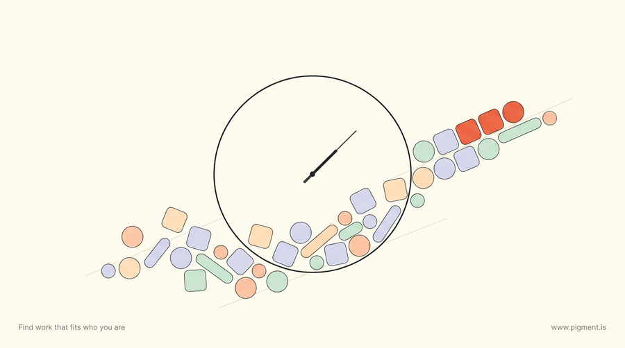 Abstract warm geometric hero: a thin charcoal ring reading as a clock above small peach, lavender, and mint shapes drifting from a scattered pile into a sorted rising row on a cream field.