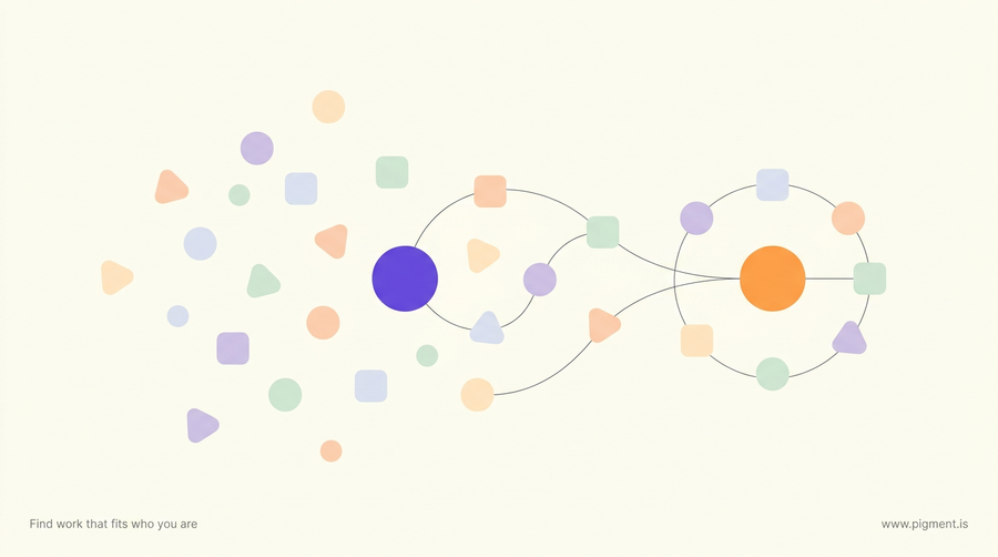Abstract warm-toned constellation of small geometric shapes in peach, lavender, and mint drifting from a loose scatter into an aligned arrangement, illustrating finding a job that fits who you are.