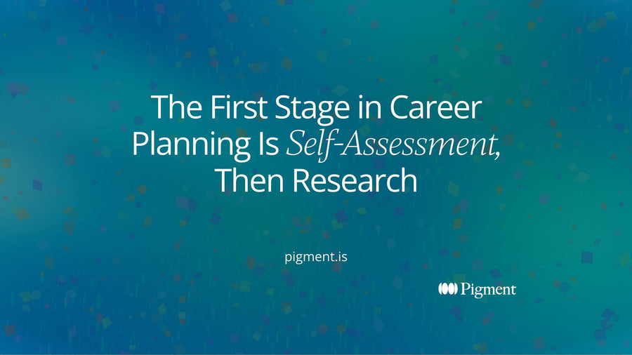 Abstract cover for the first stage in career planning: a single peach circle at the start of a row of lavender and mint blocks, showing self-assessment coming before job research