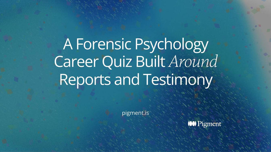 Abstract cover for a forensic psychology career quiz: stacked peach and lavender page shapes beside a thin charcoal line, suggesting reports and testimony weighed against each other.