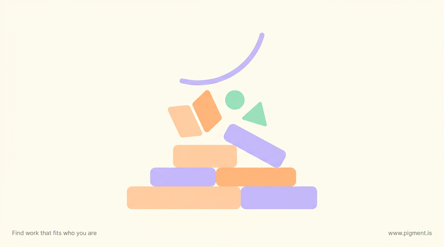 Abstract warm geometric composition of stacked rounded blocks and a small book and number shapes, suggesting foundation skills of reading, writing and numeracy.