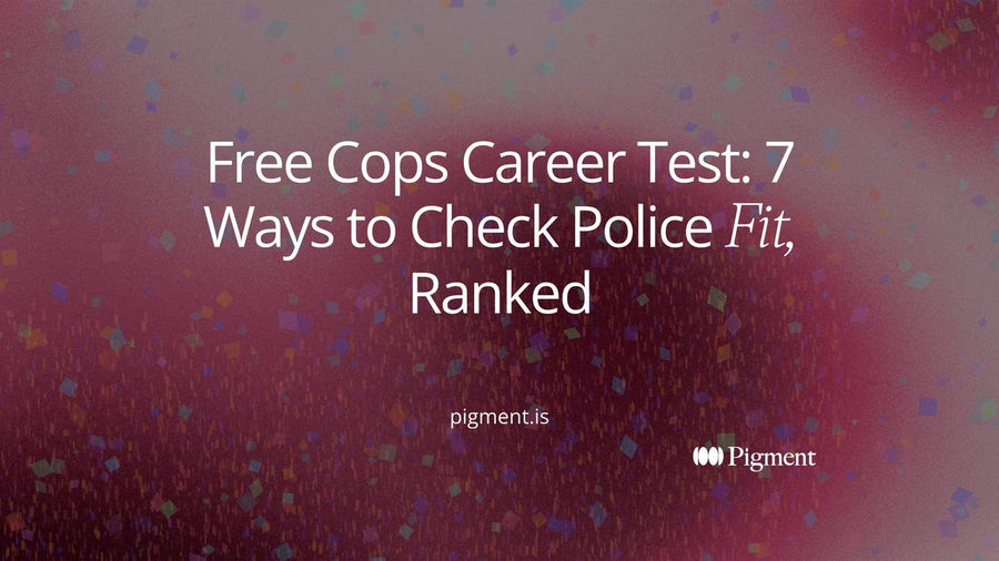 Abstract cover for a free cops career test: soft ice, peach and mint shapes on cream, one small shape passing an open first gate before a row of narrower gates
