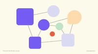 Abstract warm geometric constellation of rounded violet, lavender, peach and mint shapes linked by thin lines, representing the skills a free customer service skills assessment measures.