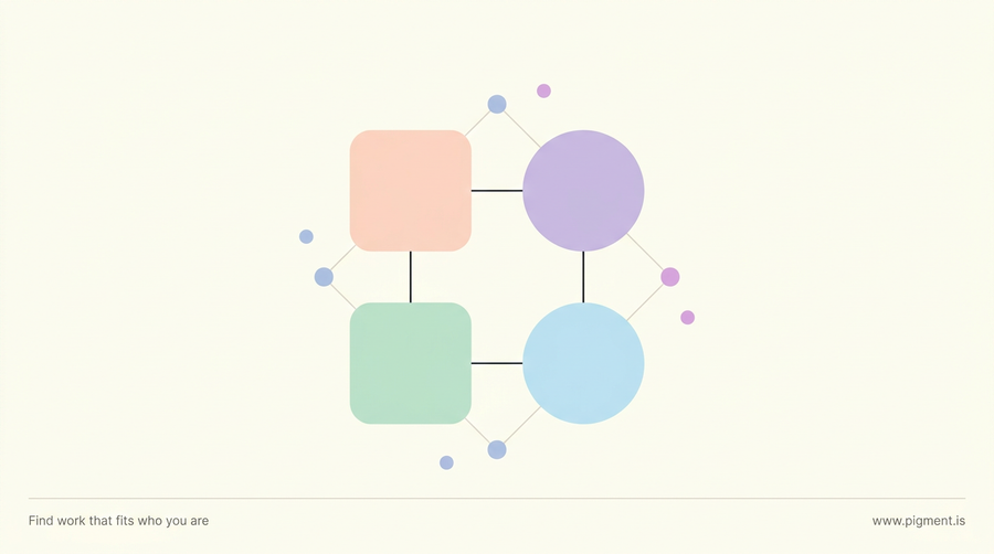 Abstract warm geometric composition: four soft rounded forms in peach, lavender, mint, and ice blue linked by thin lines into a gentle diamond, evoking the four DISC behavioral styles.