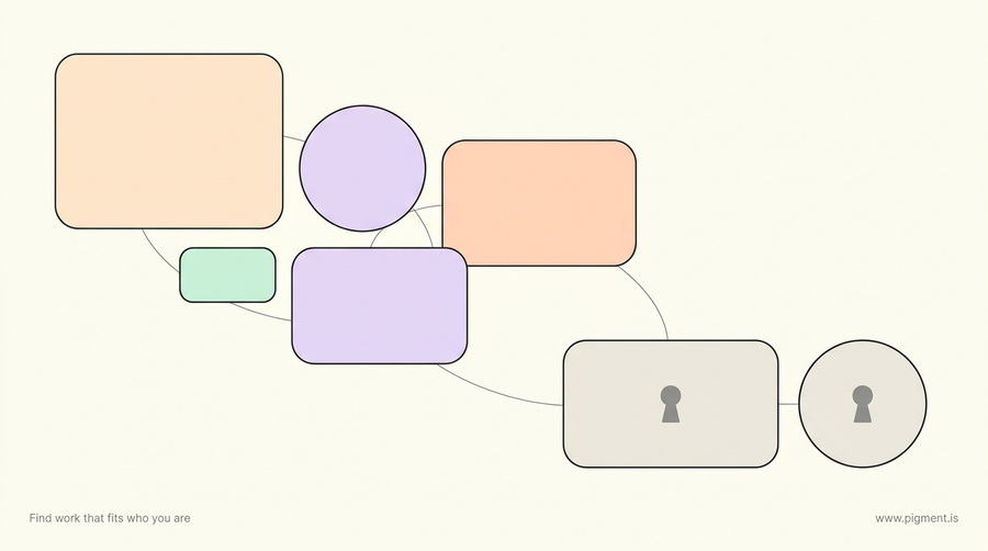 Abstract Pigment hero: a warm cluster of rounded pastel forms, several open and clear, a few sealed with a small keyhole notch, evoking free DISC tests that show results versus ones that gate them