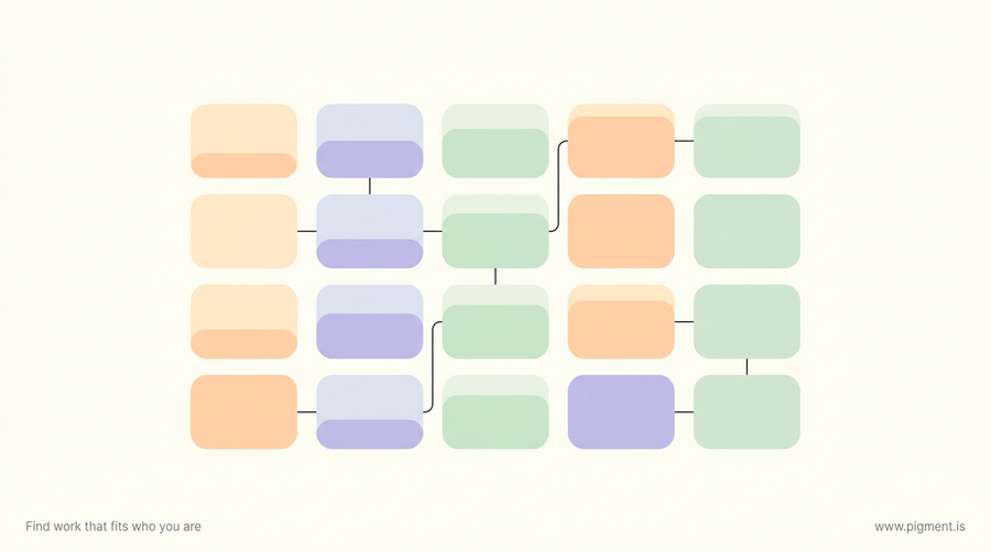 Abstract warm grid of peach, lavender, and mint rounded cells rising in height on a cream background, evoking an employee skills assessment template.