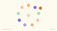 Abstract cream illustration of nine small circles evenly spaced in a ring around one center circle, with a single coral circle set apart from the ring.