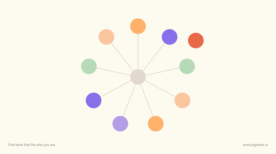 Abstract cream illustration of nine small circles evenly spaced in a ring around one center circle, with a single coral circle set apart from the ring.