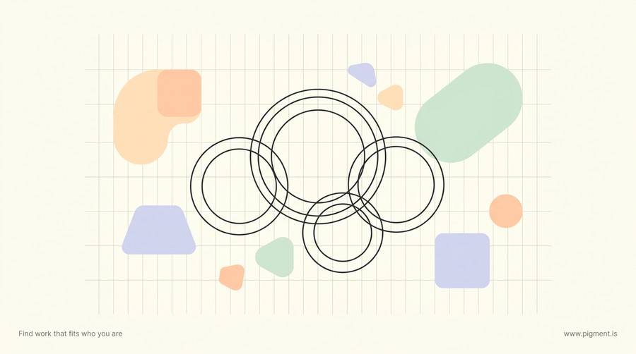 Abstract warm illustration of thin interlocking gear-like circles over a faint line grid, with soft peach, lavender, and mint shapes on a cream background.