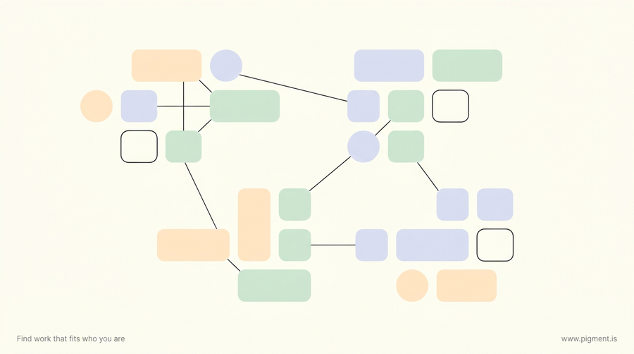 Abstract warm constellation of sixteen small peach, lavender and mint tiles in four loose clusters on cream, for a free MBTI test online Vietnamese guide.