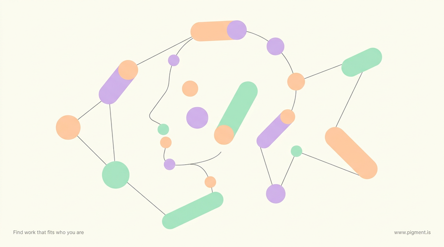 Abstract warm-toned constellation of soft peach, lavender, and mint shapes linked by thin lines on cream, evoking personality traits forming one profile.