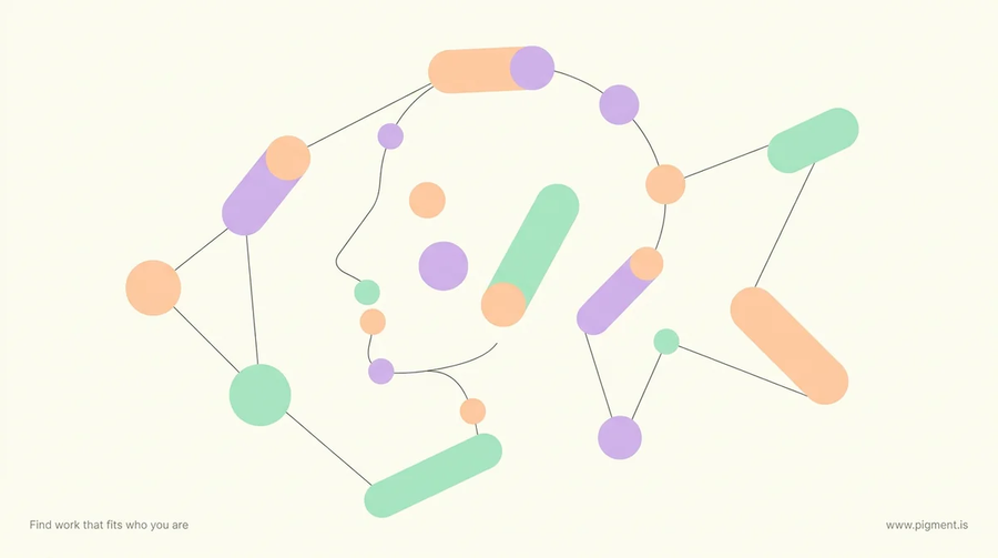 Abstract warm-toned constellation of soft peach, lavender, and mint shapes linked by thin lines on cream, evoking personality traits forming one profile.