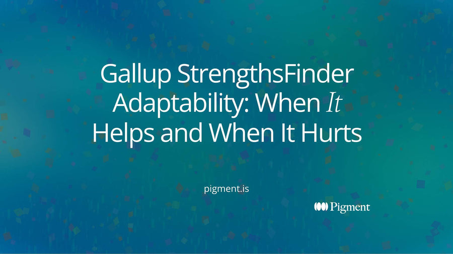 Abstract cover for a guide to Gallup StrengthsFinder Adaptability: a straight line of peach circles that bends into a new path of mint and lavender circles.