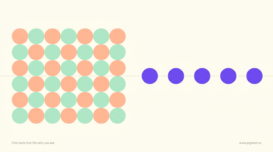 Abstract geometric composition on a warm cream field: a dense block of peach and mint circles on the left with five violet circles spaced far apart on the right, standing for the least common StrengthsFinder themes