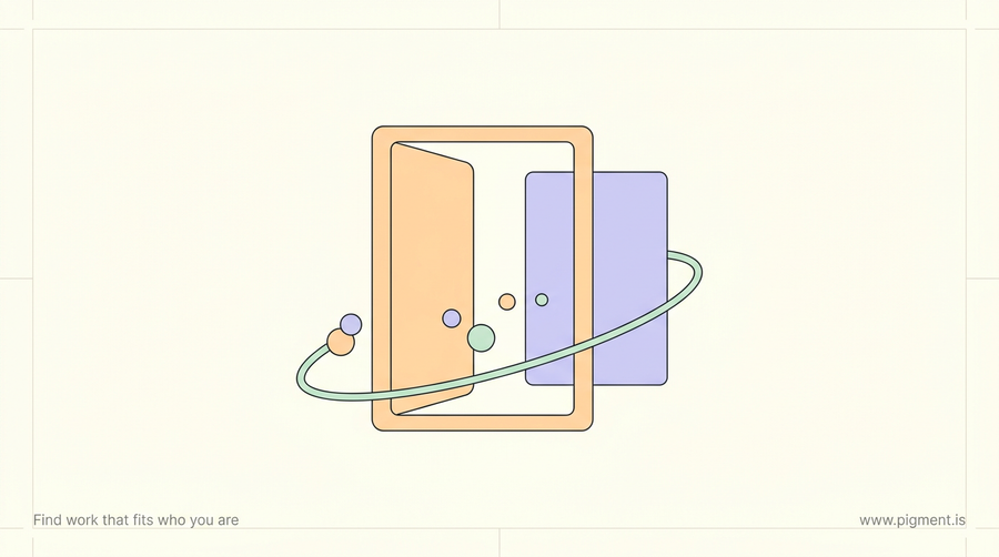 Abstract Pigment-style illustration on cream: a soft peach doorway with small peach, lavender and mint shapes drifting toward the opening, evoking signing in to reach your StrengthsFinder results.