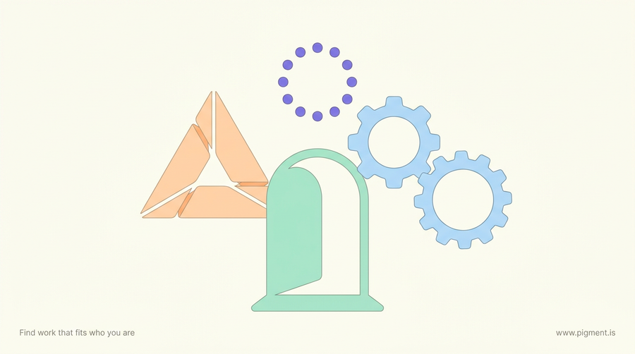 Abstract Pigment hero: a folded-paper triangle, a ring of dots, meshed gears, and an open doorway in peach, violet, blue, and mint on warm cream, evoking the GAN aptitude test as a gateway into the trades.