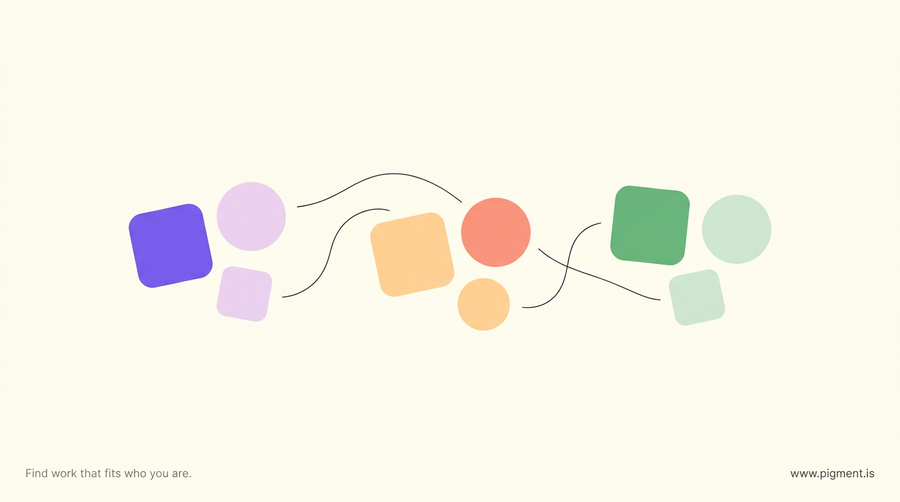 Abstract warm composition of nine small rounded tiles drifting in three loose color clusters, violet, peach, and mint, on a cream background, evoking nine aptitudes grouped into three families.