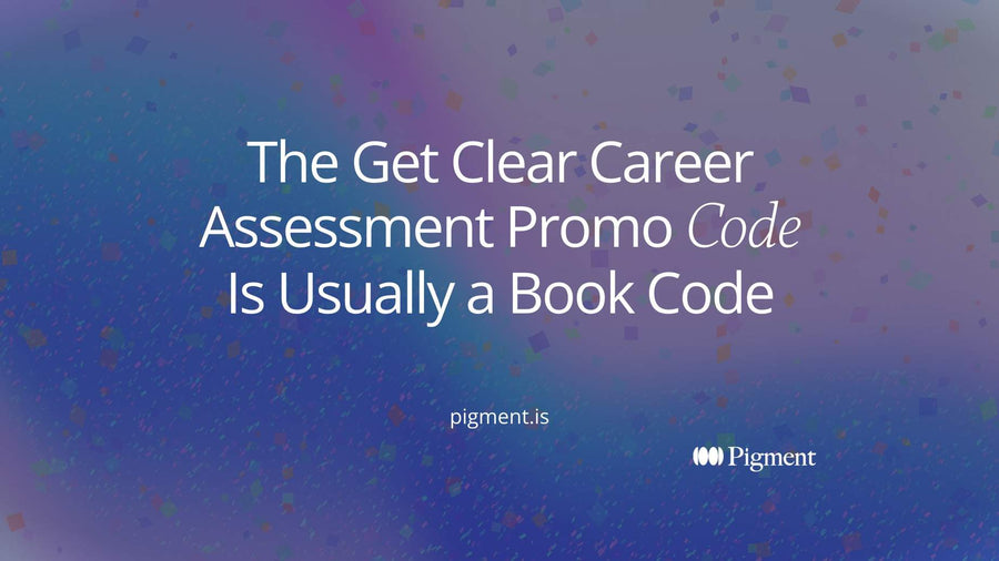 Abstract cover for a Get Clear Career Assessment promo code guide: a book with a code tab inside, next to an empty discount tag