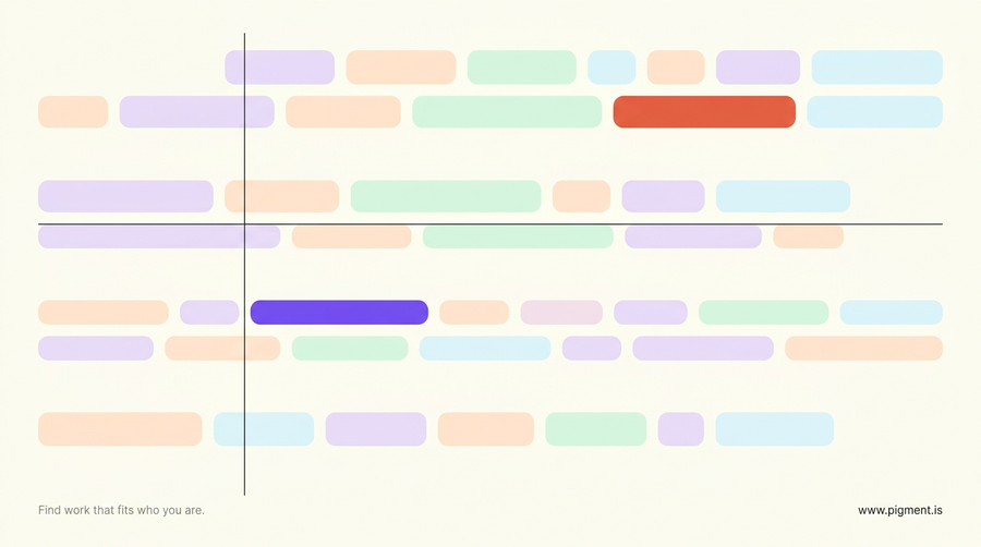 Abstract geometric composition of small rounded tiles in peach, lavender, mint and ice blue on warm cream, with two tiles filled solid violet and coral, suggesting a forced choice among many appealing options.