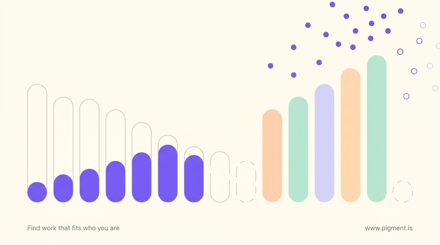 Abstract geometric composition on warm cream: a rising row of solid lavender, peach, and mint rounded bars representing climbing output, interwoven with a second row of the same forms fading to thin outlines, suggesting an unseen reserve being spent down