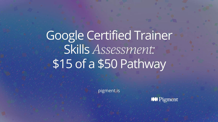 Abstract row of seven geometric shapes on cream, the second one a small violet circle, illustrating that the Google Certified Trainer Skills Assessment is one short step inside a seven-step pathway.