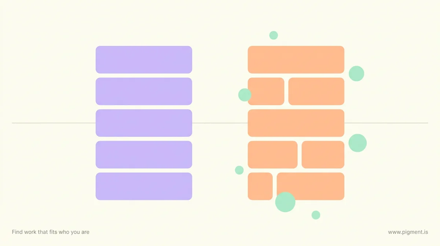 Abstract geometric artwork on cream: two columns of soft rectangular blocks, one evenly stacked and one broken by scattered marks, standing for Google vs Amazon work-life balance as arrangement rather than hours.