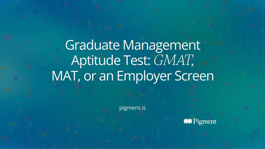 Abstract Pigment composition: three separate clusters of peach, lavender and mint geometric shapes on warm cream, one for each test that shares the graduate management aptitude test name.