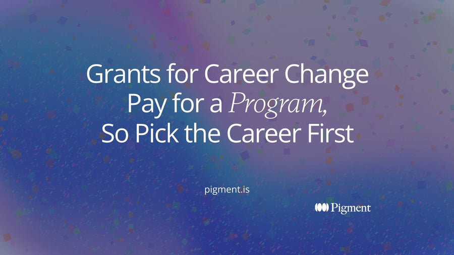 Abstract Pigment-style composition on cream: scattered pastel tiles, one of them joined by a thin line to a single violet program tile, evoking grants for career change that fund one chosen program.