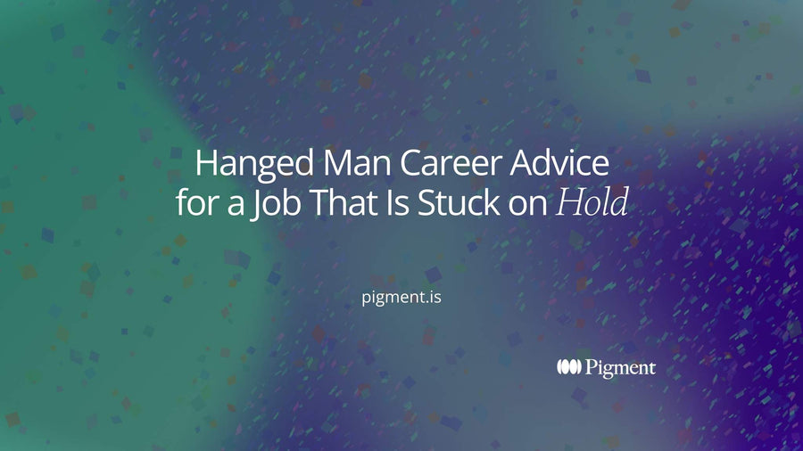 Cover for Hanged Man career advice: one soft rounded form hangs upside down from a thin horizontal beam above a calm open space, with a small dot marking a date on a line below