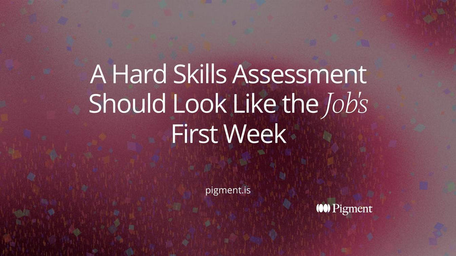 Abstract cover for a hard skills assessment guide: a row of pale squares under a thin outline shape, with one violet square that fits the outline exactly
