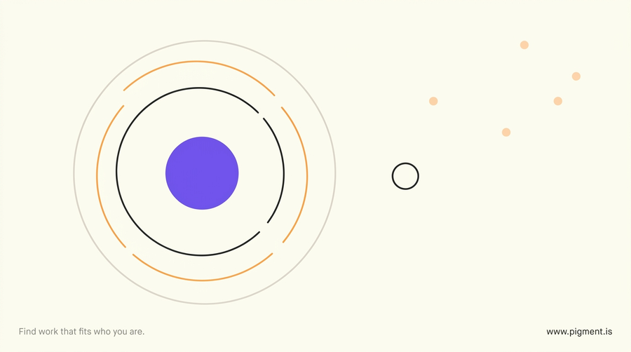 Abstract geometric hero for the Harrison career assessment tool: a solid violet circle enclosed by three broken rings, with a small unfilled circle outside them, standing for the licence holders between the instrument and the individual.