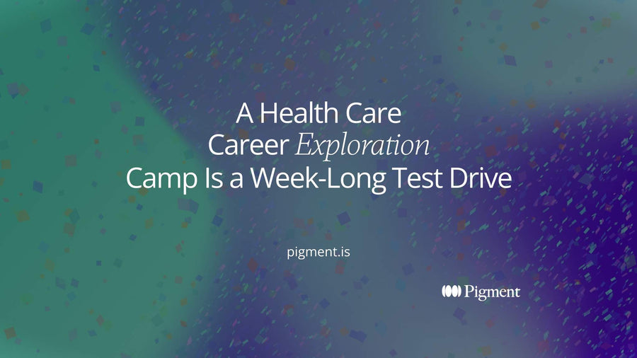 Abstract cover for a guide to choosing a health care career exploration camp: soft circles and rounded rectangles in peach, lavender and mint on cream.