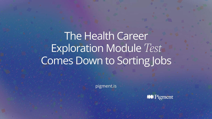Abstract cream composition of five pastel trays with small job tokens sorted into them, for a study guide to the health career exploration module test.