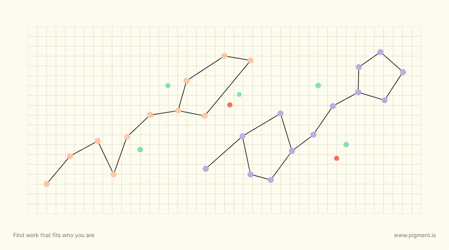 Abstract warm composition: two separate constellations of small dots, one peach and one lavender, traced over a single faint grid, two strengths readings of the same person