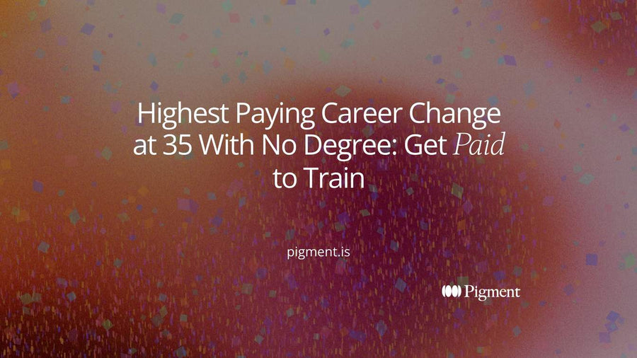 Abstract cover for the highest paying career change at 35 with no degree: a rising path of peach and mint blocks on cream, level from the first step.