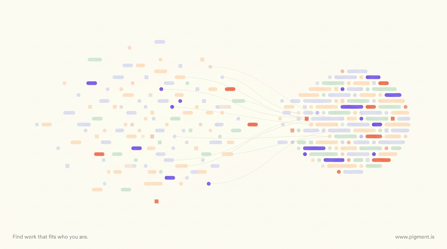 Abstract Pigment illustration for a Hogan personality assessment guide: many small scattered marks converging into one clearer form, evoking reputation as the pattern other people assemble from watching you work.