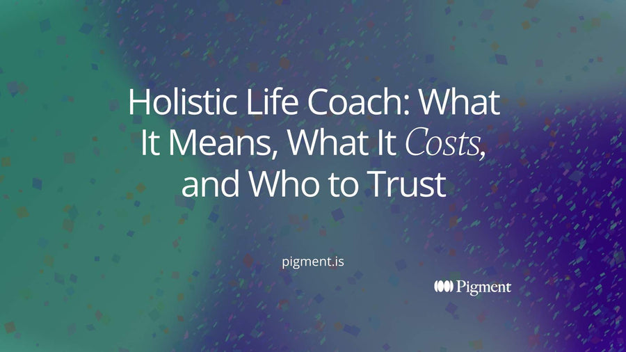 Abstract cover for a guide to the holistic life coach: five pastel circles joined by thin lines around a central violet dot, showing connected areas of life