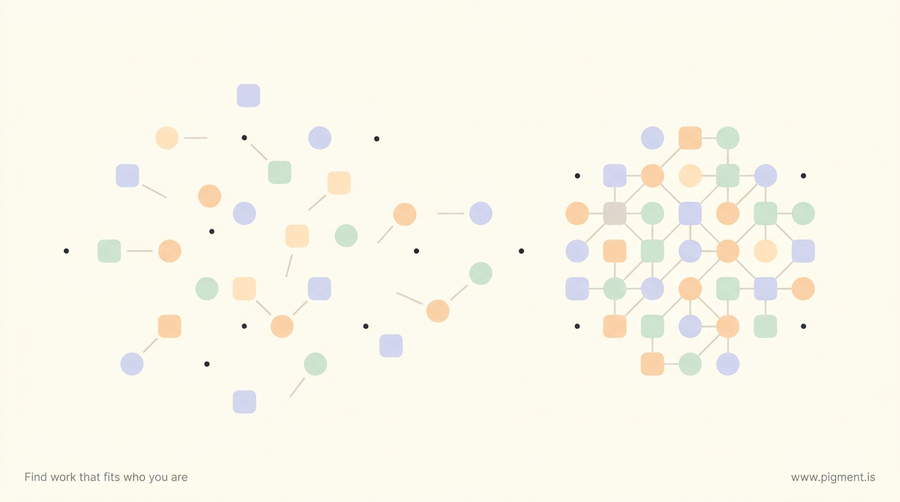 Abstract Pigment illustration of scattered geometric shapes resolving into one ordered cluster, suggesting how to know what career is right for you by reading clear signs.