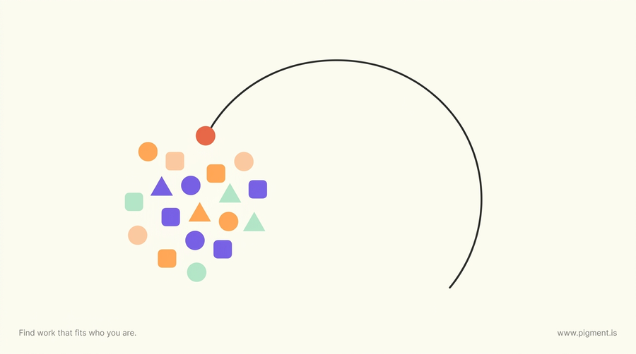 Abstract geometric composition in warm peach, lavender, and mint on a cream background, evoking the IBEW aptitude test: many small shapes clustered against one large sweeping arc.