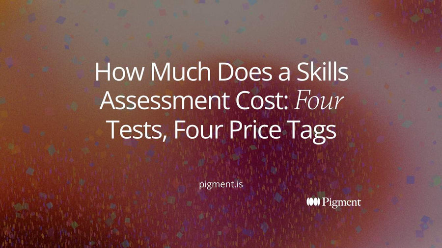 Abstract cover for a guide to how much a skills assessment costs: four tags of very different sizes for four different kinds of test