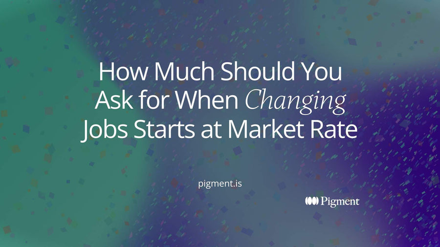 Abstract cover for a guide on how much you should ask for when changing jobs: rising peach and lavender bars stepping up toward a mint marker on cream.