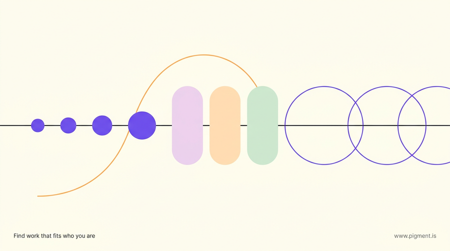 Abstract geometric hero: a rising sequence of circles and thin vertical bars in violet, orange, and pastel tints on warm cream, suggesting the staged path into a coaching career