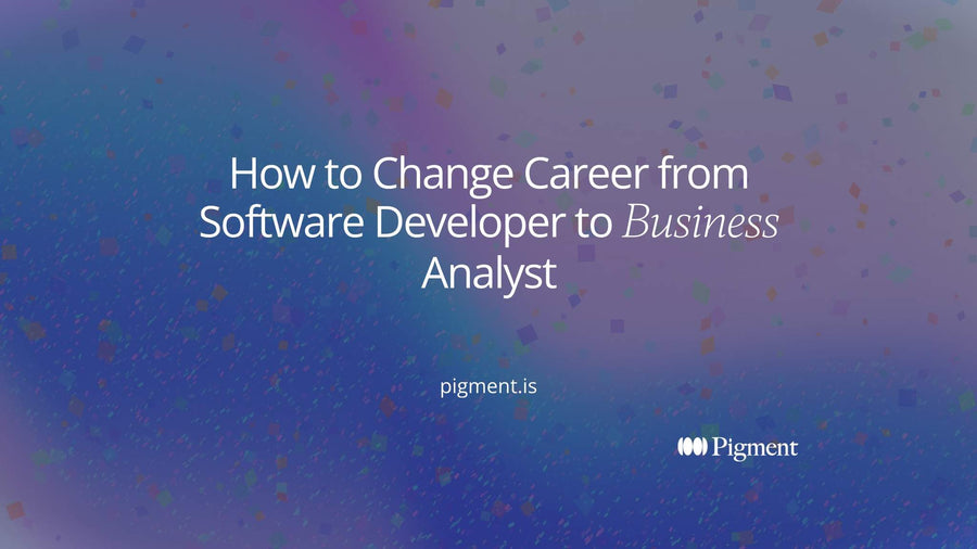 Abstract cover for changing career from software developer to business analyst: a tight grid of small squares on the left opens into a loose ring of connected circles on the right