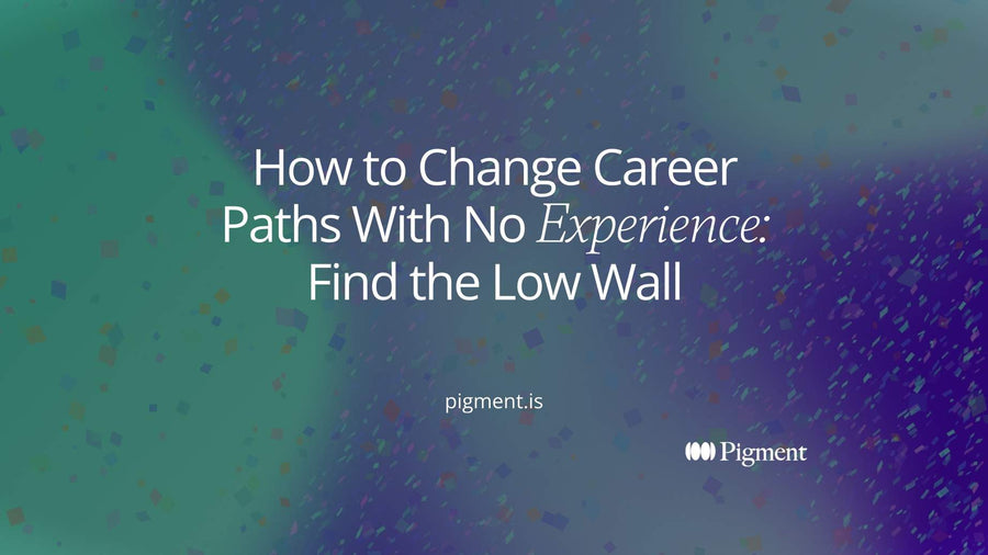 Abstract Pigment-style composition on cream: pastel blocks of different heights with a dotted path stepping over the lowest one, evoking how to change career paths with no experience.