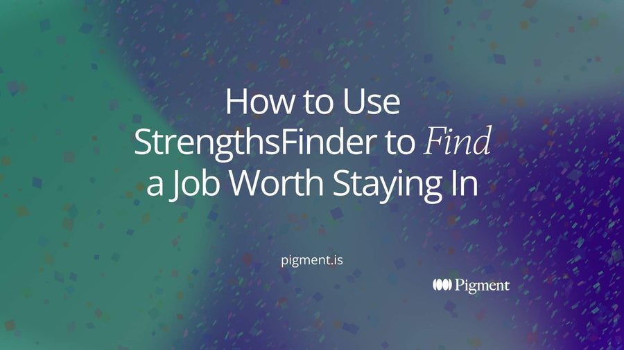Abstract cover for a guide on how to use StrengthsFinder to find a job: five small colored circles gathering into one line that leads to a single mint block